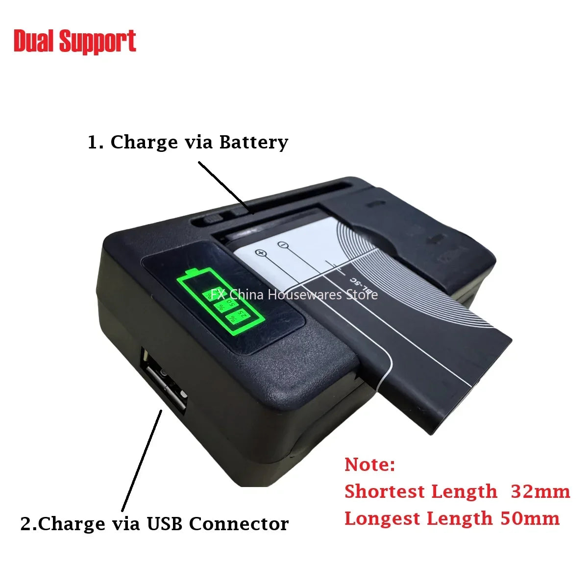 Universal LCD Battery Charger with USB Port, 32-55mm Adjustable, For Cell Phone & Camera Batteries, US/UK/EU Plug Oasis Select