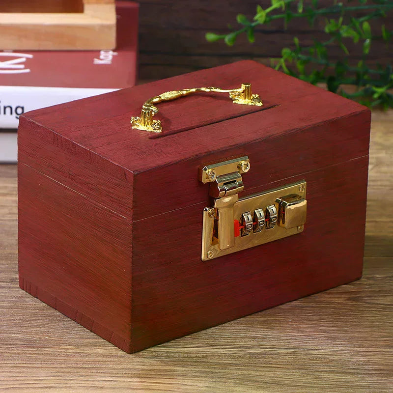 Wooden Box Password Lock Money Saving Coin Box Piggy Bank Organizer With Lock Treasure Box For Cards Dollars Cents Kids Gifts Oasis Select