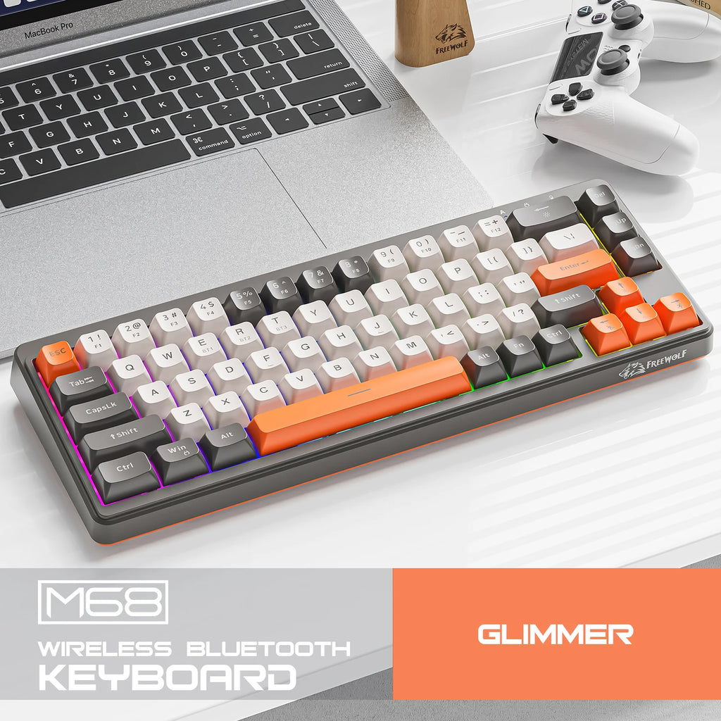 FREEWOLF M68 Three-mode BT/2.4G/Wired Keyboard, 2000mAh Battery, Colorful Rainbow Backlit, Durable PBT Keycaps, Double Leg Brace Oasis Select M68-Glimmer