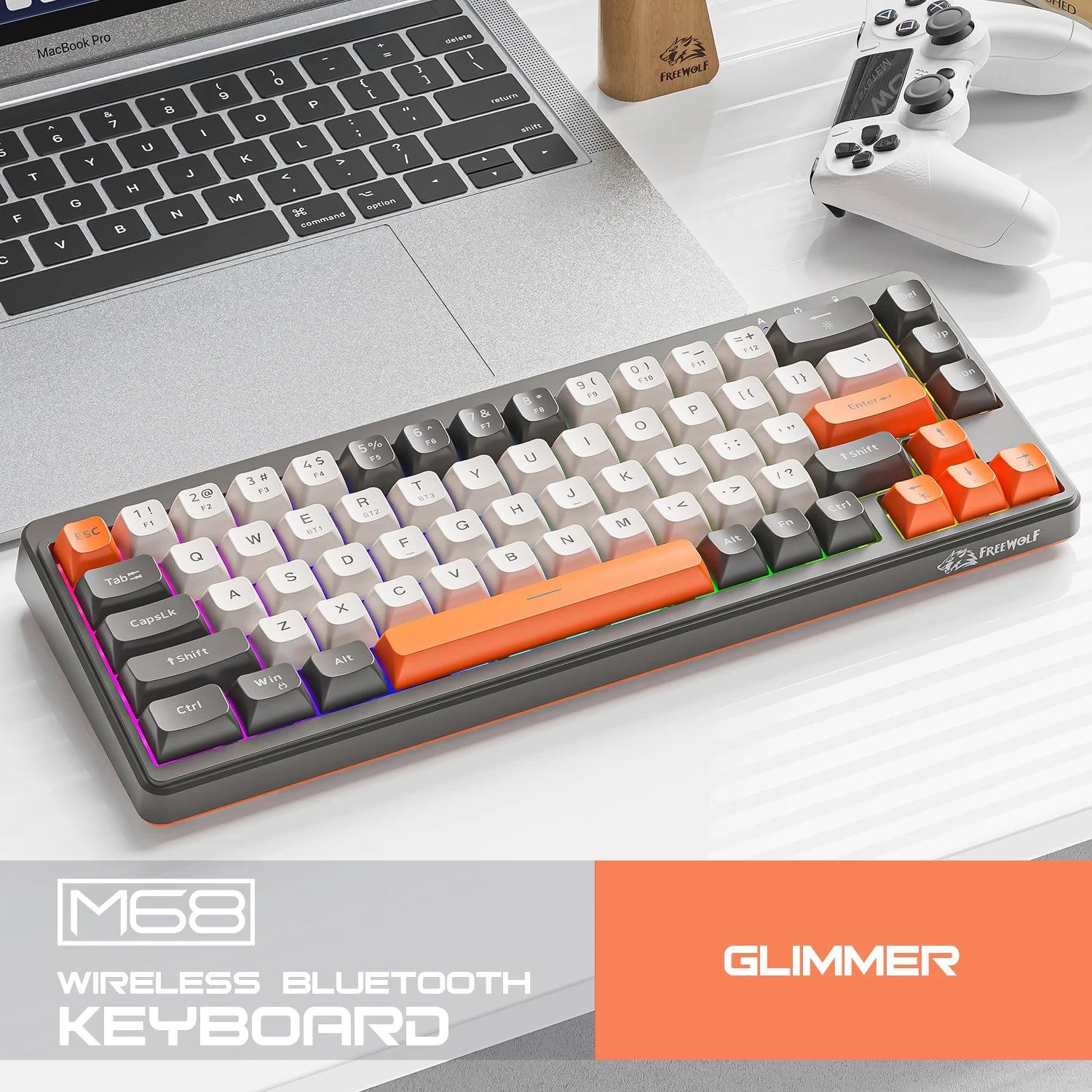 FREEWOLF M68 Three-mode BT/2.4G/Wired Keyboard, 2000mAh Battery, Colorful Rainbow Backlit, Durable PBT Keycaps, Double Leg Brace Oasis Select M68-Glimmer