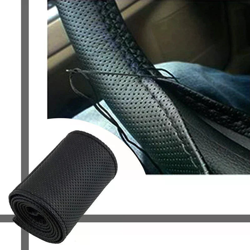 New Car Truck Leather Steering Wheel Cover With Needles and Thread Black DIY Oasis Select