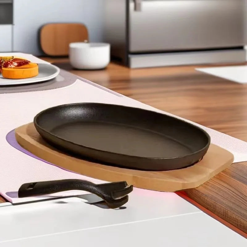 Cast Iron Skillet with Wooden Tray and Metal Spatula, for Grilled Fish and Grilling, Kitchen Essentials Oval Steak Pan Oasis Select