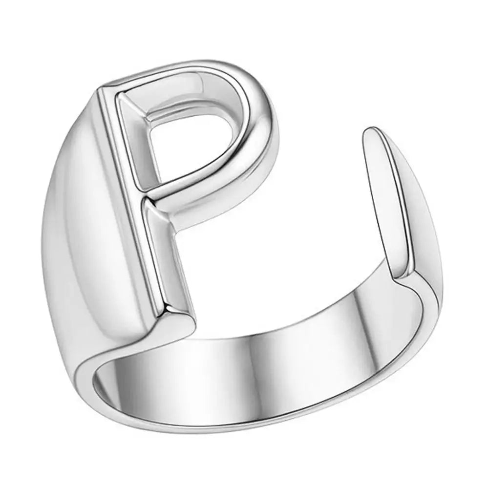 A-Z Initial Letter Ring – Adjustable Silver Open Ring for Women