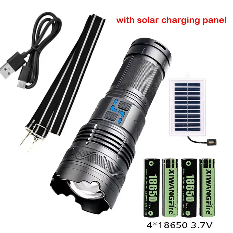 Powerful LED Flashlight Super Bright Spotlight Long Range Zoomable Emergency Lantern Outdoor Camping Torch Power Display Oasis Select Swith solar charging