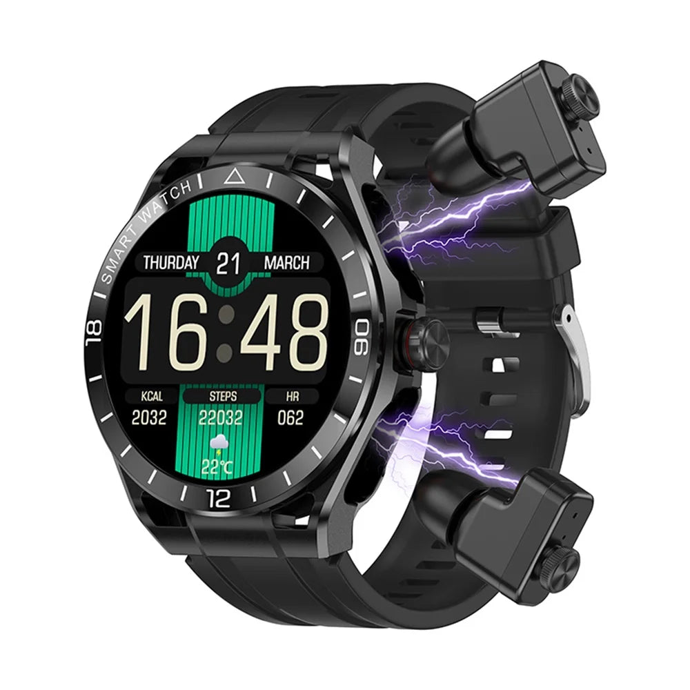 Smart Watch 2 In 1 Blue Tooth Call Earphones Voice Assistant Heart Rate Health Sports Smartwatch TWS Noise-canceling Headphones Oasis Select BKBKS