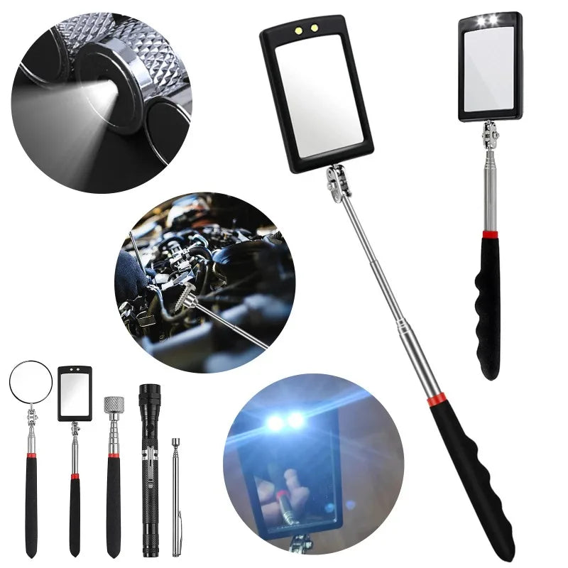 Car Mirror Portable Telescoping Flexible Head Inspection Mirror LED Light Adjustable 360 Degree Swivel Viewing Auto Hand Tools Oasis Select