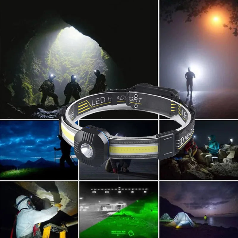 COB Strong Light Headlamp Rechargeable Portable Head Torch For Fishing Outdoor Riding Camping 10 Lighting Modes Head Flashlight Oasis Select