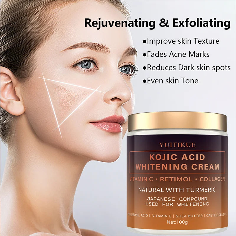 Kojic Acid Whitening Cream 100g - For Face, Armpits, Knees & Body, with Vitamin C & Turmeric, Evens Skin Tone & Brightens Oasis Select