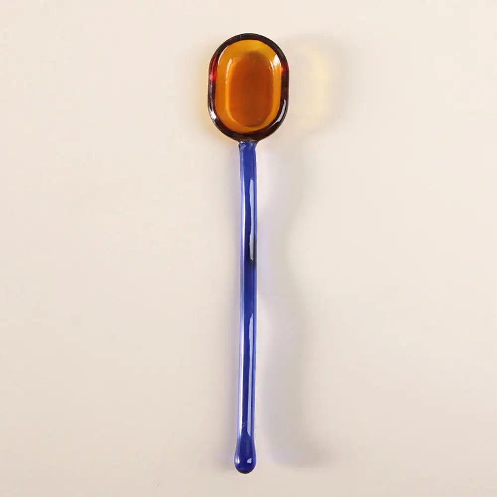 Simple Creative Milk Dessert Spoon Color Pastoral High Temperature Resistant Glass Spoon Cute Long Handle Coffee Mixing Spoon Oasis Select Blue-15.5x3