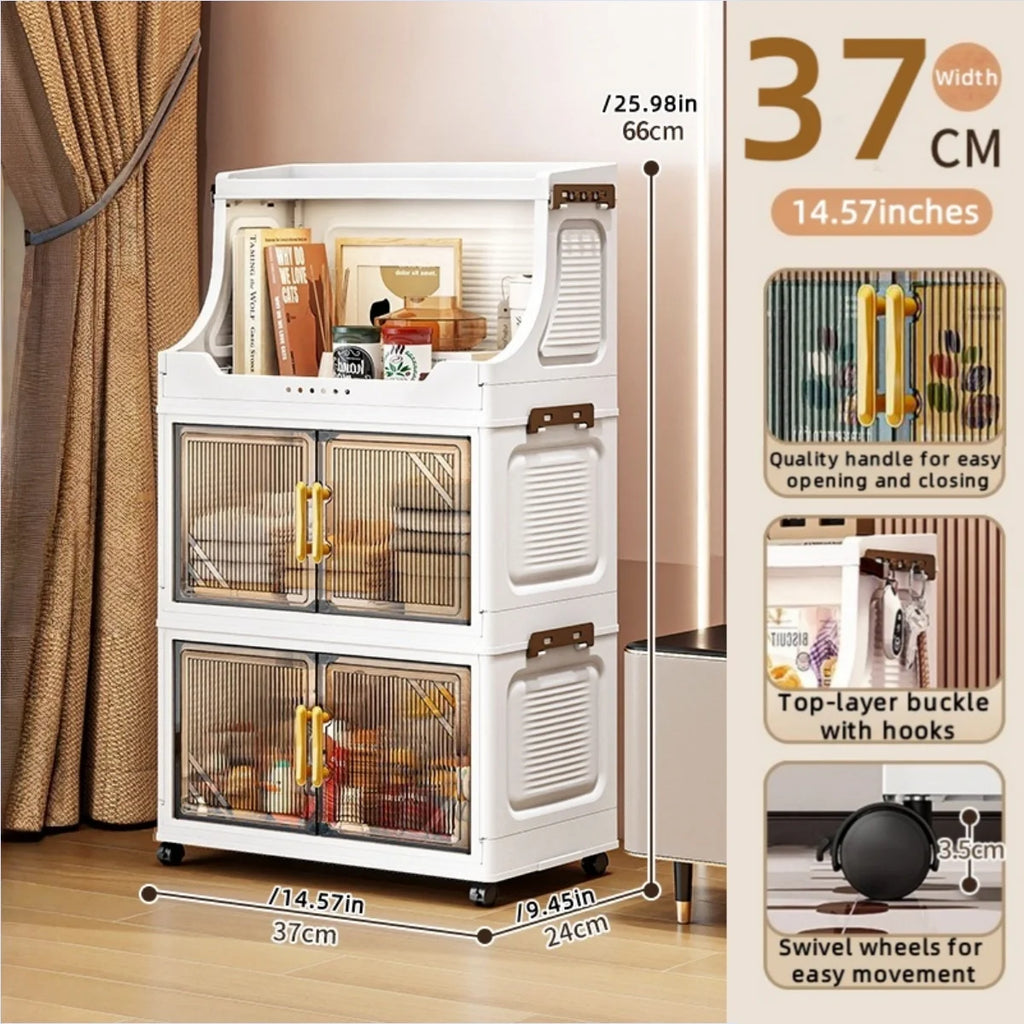 Foldable Double-Door Storage Cabinet,Large Capacity Space-Saving Mobile Organizer for Bedroom&Living Room（Clothes, Toys&Snacks） Oasis Select 3 Tiers Clear Gray