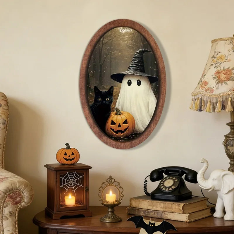 Halloween Ghost Wooden Photo Frame Painting Retro 3D Hanging Plaque Festival Decor Wall Sticker for Home Party Wall Decor Oasis Select