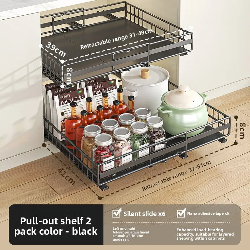 Kitchen retractable storage rack No punching, drawer type, pots, seasonings, dishes, basket, sink, pull rack Oasis Select Black 2piece set