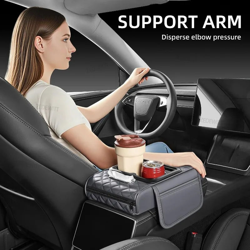 Universal PU Leather Car Center Console Armrest Cushion Durable Thick Memory Cotton Cup Holder Tissue Box Elbow Support Pro Pad Oasis Select
