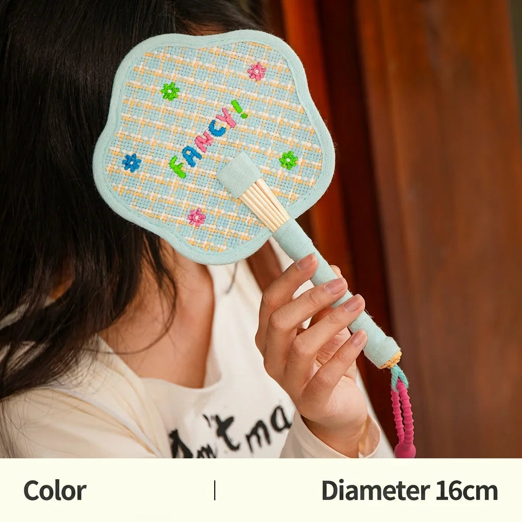 Handmade Manual Straw Hand Fans Flower Shape Handheld Hand Cranked Fan Adjustable with Hanging Hoop Summer Cooling Fan Oasis Select Blue