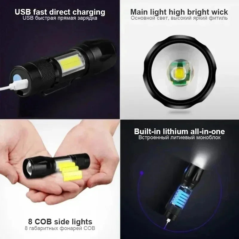 Mini Portable Flashlight COB+XPE Zoomable Small Torch USB Rechargeable Outdoor Camping Fishing Long Range Emergency Lantern Oasis Select