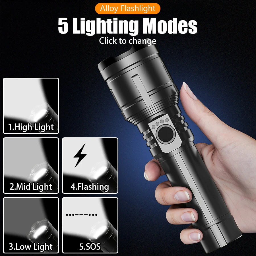 5000MAH Ultra Bright LED Flashlight with Flame Ignition Type-C Rechargeable Tactical Torch Outdoor Camping Adventure Lantern Oasis Select