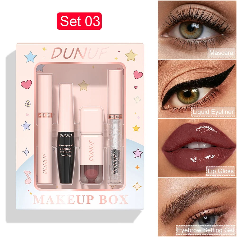 DUNUF 4-in-1 Makeup Gift Set Waterproof Long-Lasting Mascara Liquid Eyeliner Brow Setting Gel Moisturizing Lip Gloss with Mirror Oasis Select 03