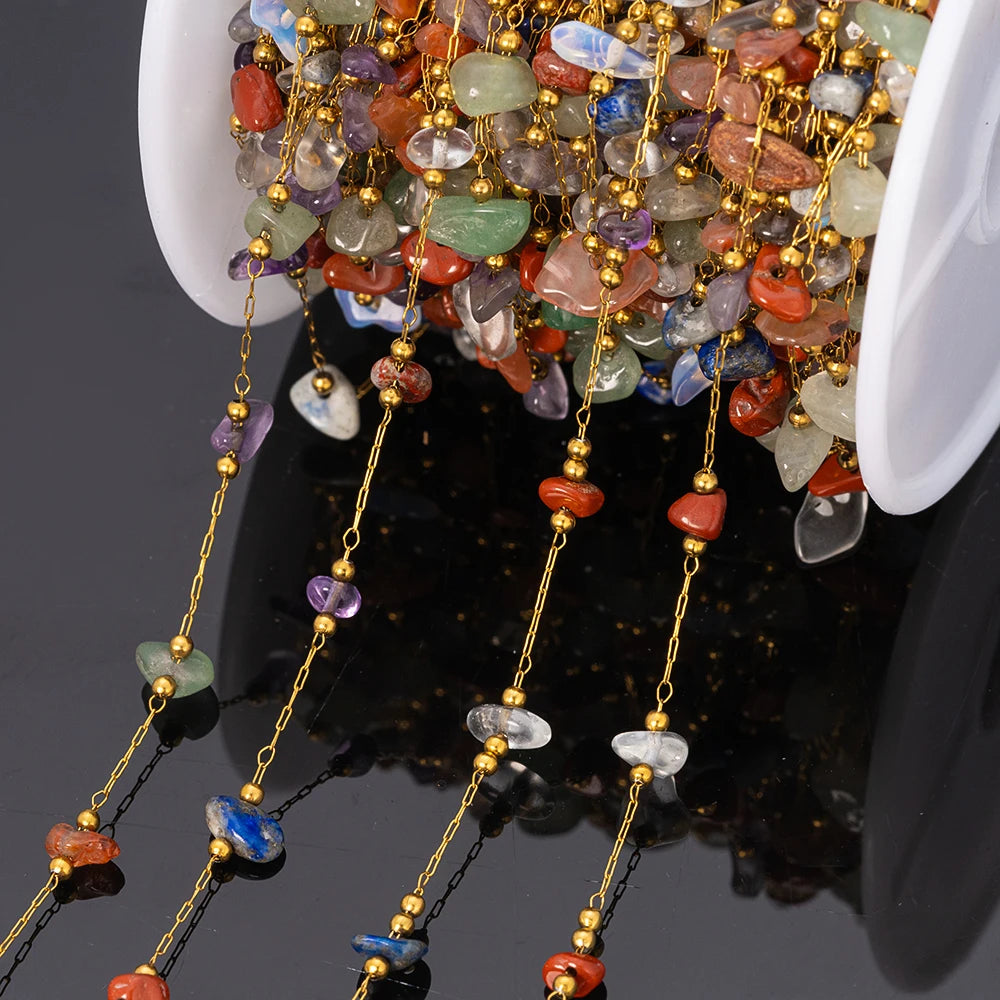 1meter Gold Plated Stainless Steel Chain Natural Raw Healing Crystal Points Gemstone Beaded Charms for Jewelry Making DIY Crafts Oasis Select Mix