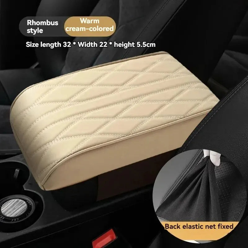 Wave Embroidery PU Leather Car Armrest Mat, Center Console Armrest Protection Cushion with Storage, Universal Auto Armrest PadWa Oasis Select beige PU Four Seasons