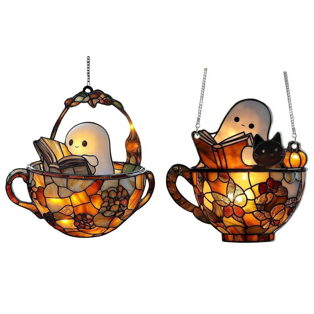 Halloween Ghost Reading Book Acrylic Suncatcher Window Hanging