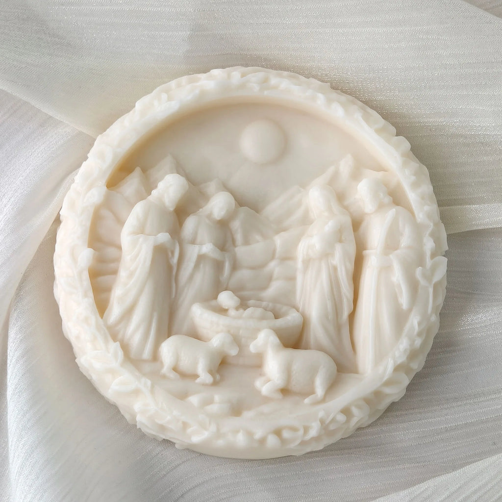 3D Nativity Scene Mold, Round Silicone Jesus Birth Candle Mould, Resin Fondant Gypsum Plaster Wax Soap Chocolate Crafting DIY Oasis Select