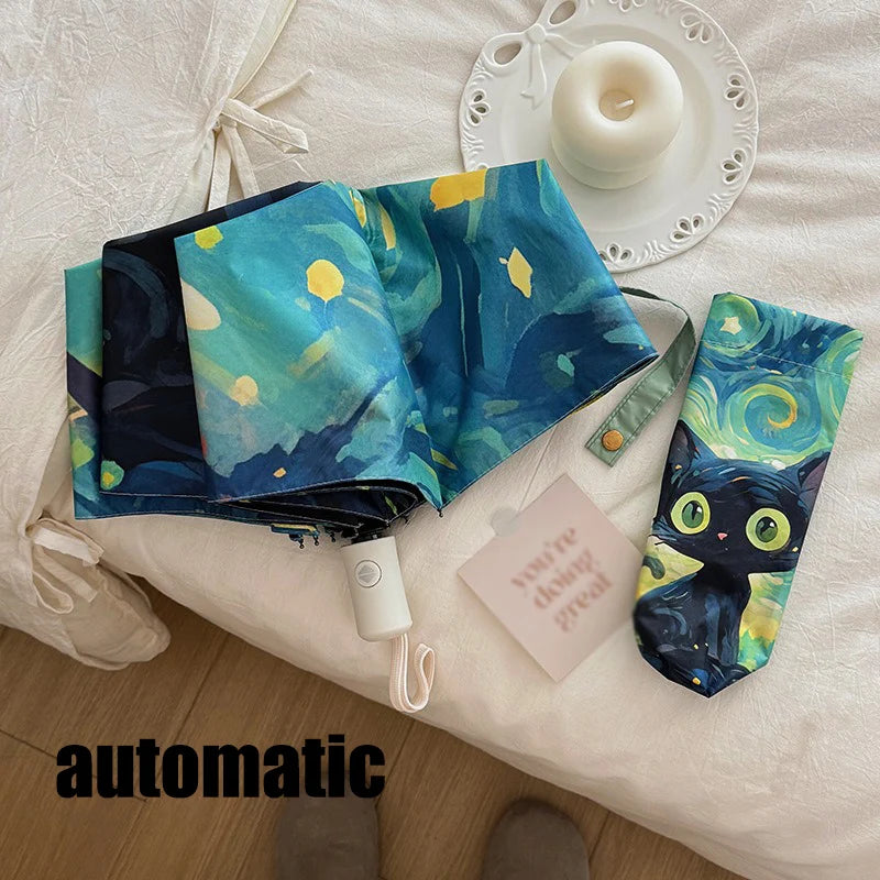 Blue Green Purple Powder Cat Cartoon Fold Umbrella Fully Automatic Umbrella Women's Dual-Purpose Sun Umbrella Portable Umbrella Oasis Select 1 automatic 8K