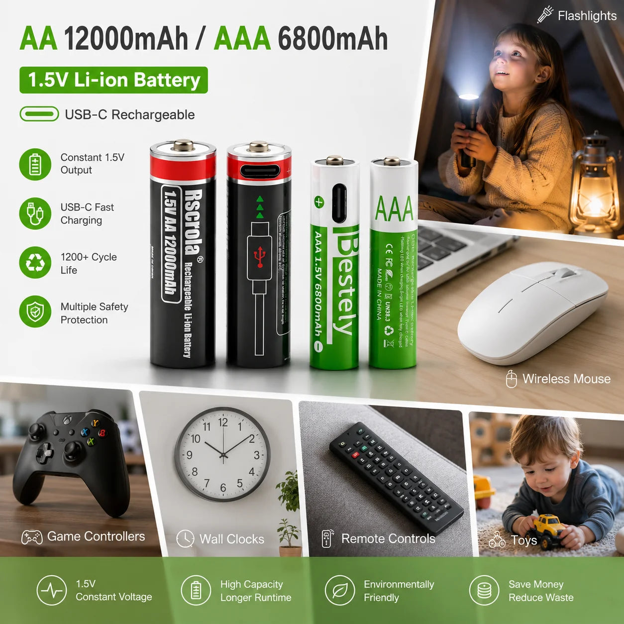 USB-C Rechargeable AA AAA Lithium Battery 1.5V Li-ion Batteries 12000mAh 6800mAh Constant Voltage Fast Charging for Toy Clock Oasis Select
