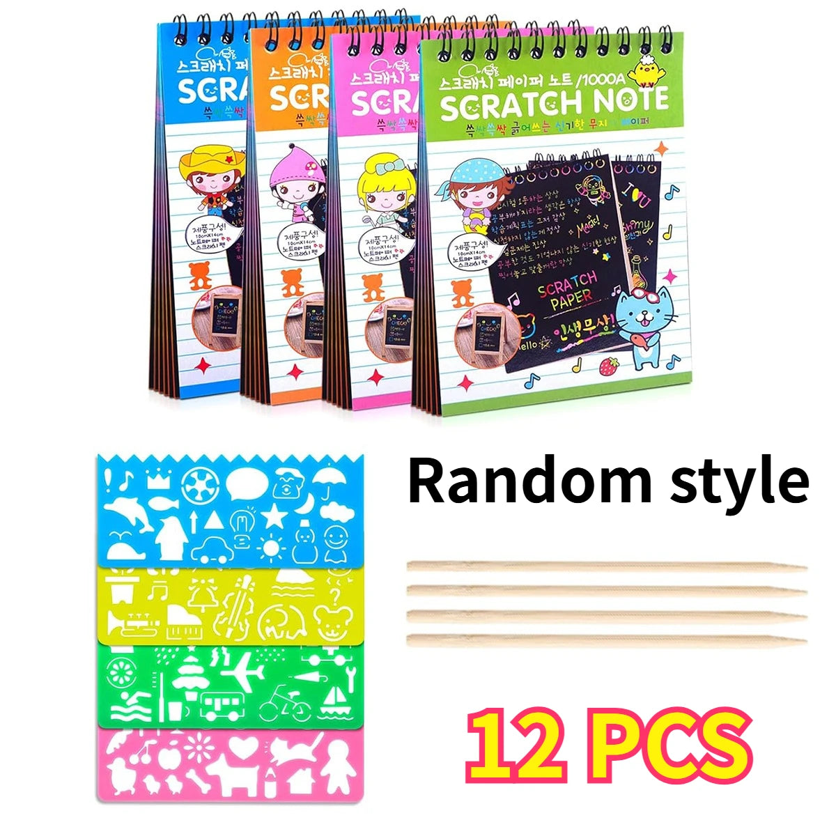 12 PCS Scratch Art Set 4 Rainbow Mini Notebooks 4 Stencil Sheets 4 Wooden Stylus Fun Drawing, Party Favors Creative Gifts Oasis Select Combo 12pcs