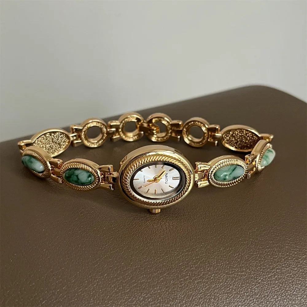 New Colored Gemstones Ladies Watch Oval Luxury Quartz Watch Gift Elegant Wristwatch Oasis Select Green