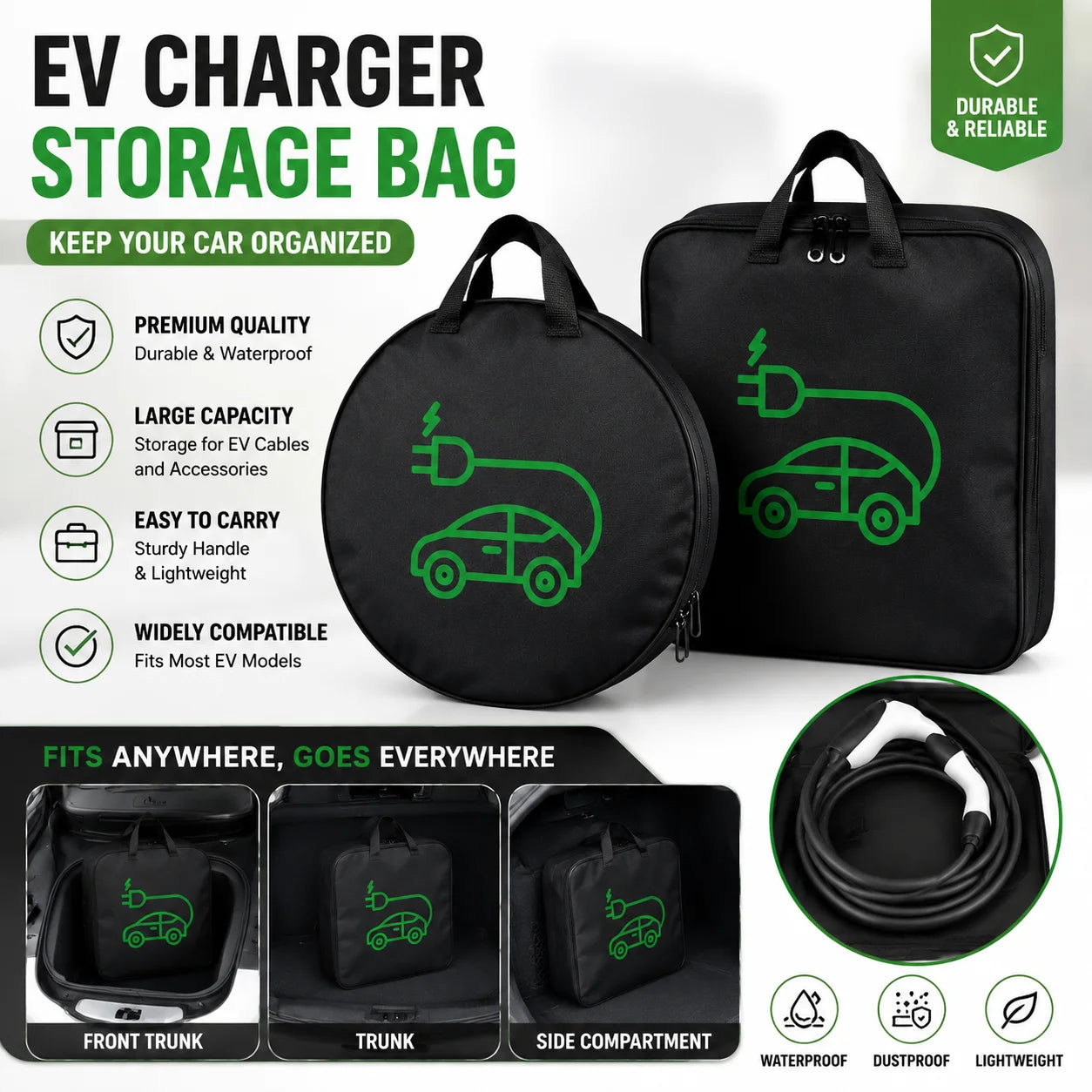 Waterproof EV Charger Cable Bag – Trunk Organizer Case EV Cable Organizer Bag Oasis Select