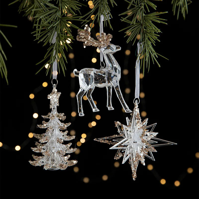Christmas Tree Toys Acrylic Elk Bells Pendant Transparent Snowflake Pendants With Sequins Home Xmas Party Decoration Accessories Oasis Select