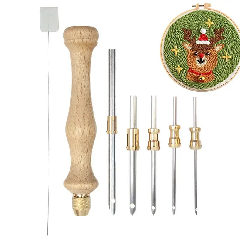 Punch Needle Kits Wooden Handle Punch Pen Embroidery Tools 5/3.5/2.5/2/1.6mm Needles Hooking Tool Kits for Embroidery Floss Oasis Select