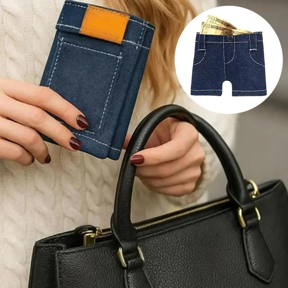 Mini Jeans Shaped Wallet Retro Denim Pants Style Foldable Coin Purse Card Holder Portable Small Cool Multi-functional Purse Oasis Select