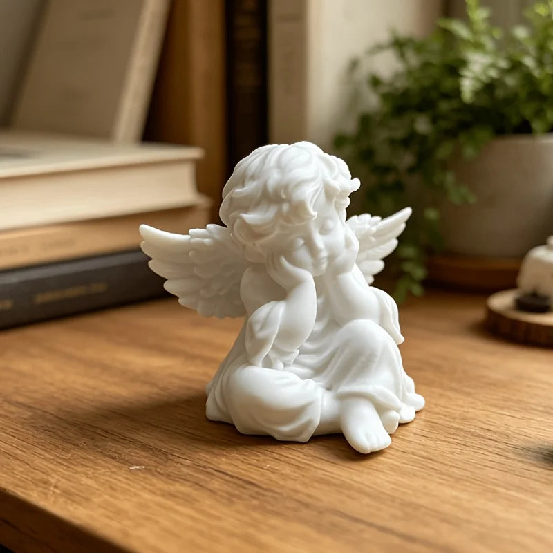 Sweet White Angel Statue 3D Printed CanDIY Cute Thinking Cherub Mini Figurine Home Decor Wedding Romantic Souvenir Ornament Gift Oasis Select
