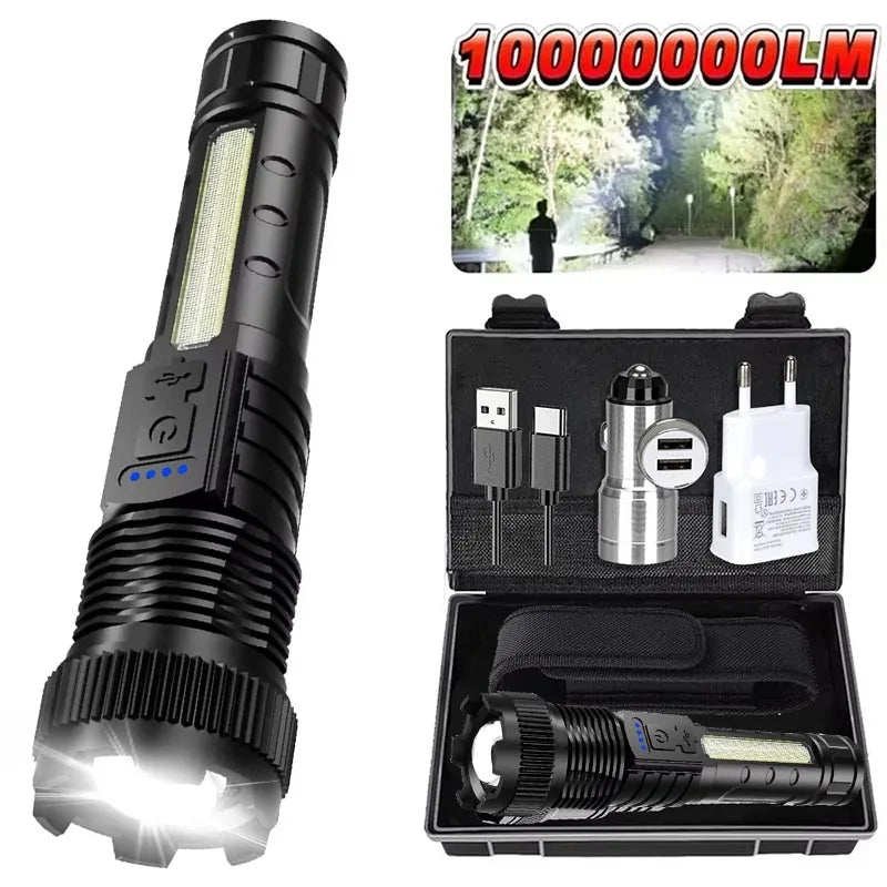 Ultra-bright LED Flashlight Rechargeable Lamp Telescopic Tactical Torch Red Blue Double Flash Lamp for Outdoor Camping Emergency Oasis Select Set ZOOM