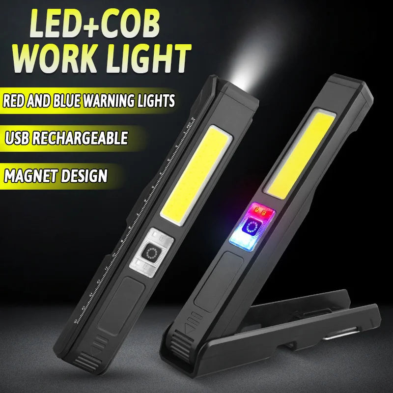 Super Bright LED Handheld Flashlight USB Rechargeable Work Light Outdoor Portable Hook COB Floodlight Emergency Red Blue Light Oasis Select