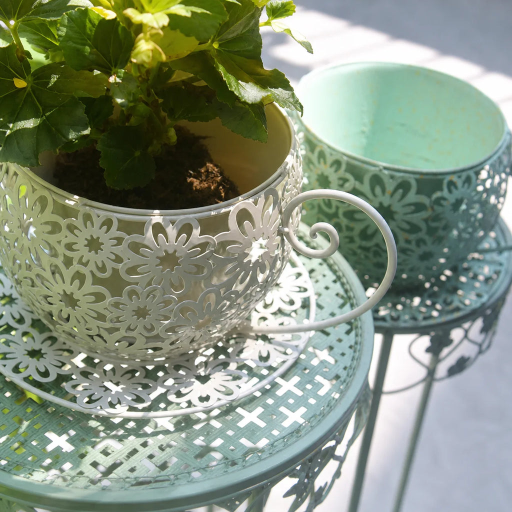 Teacup Iron Flower Pot | Vintage Garden Planter with Saucer