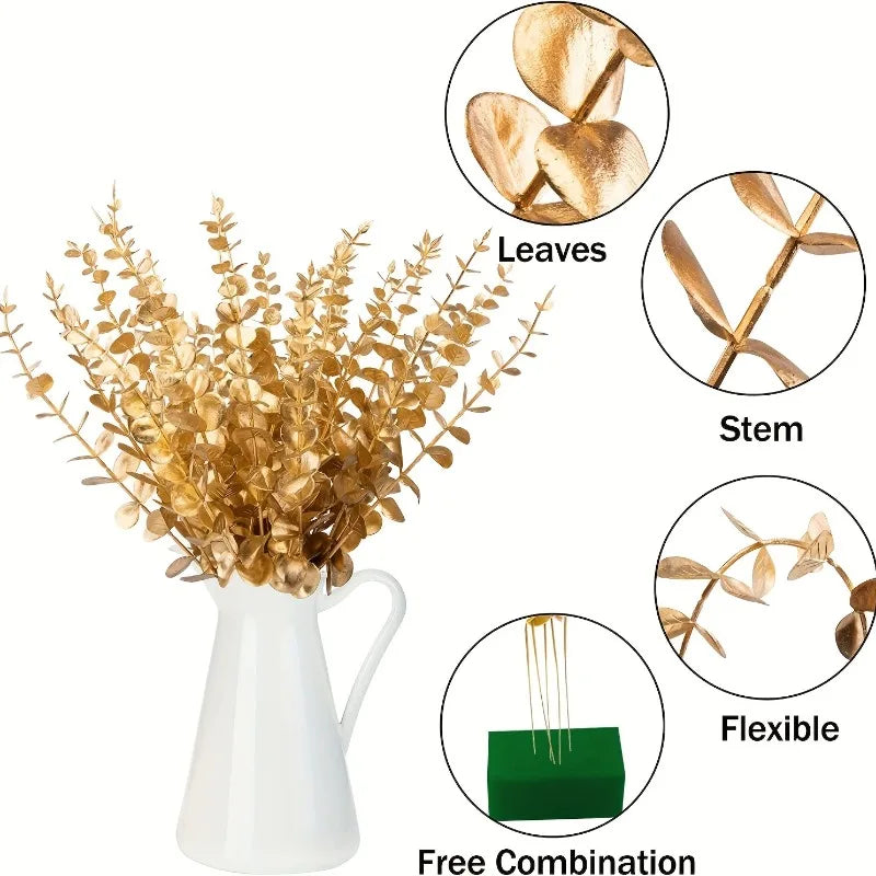 25pcs Golden Eucalyptus Stems with Artificial Leaves - Perfect for Vases,Wedding Bouquets,and Decorative Arrangements Decoration Oasis Select