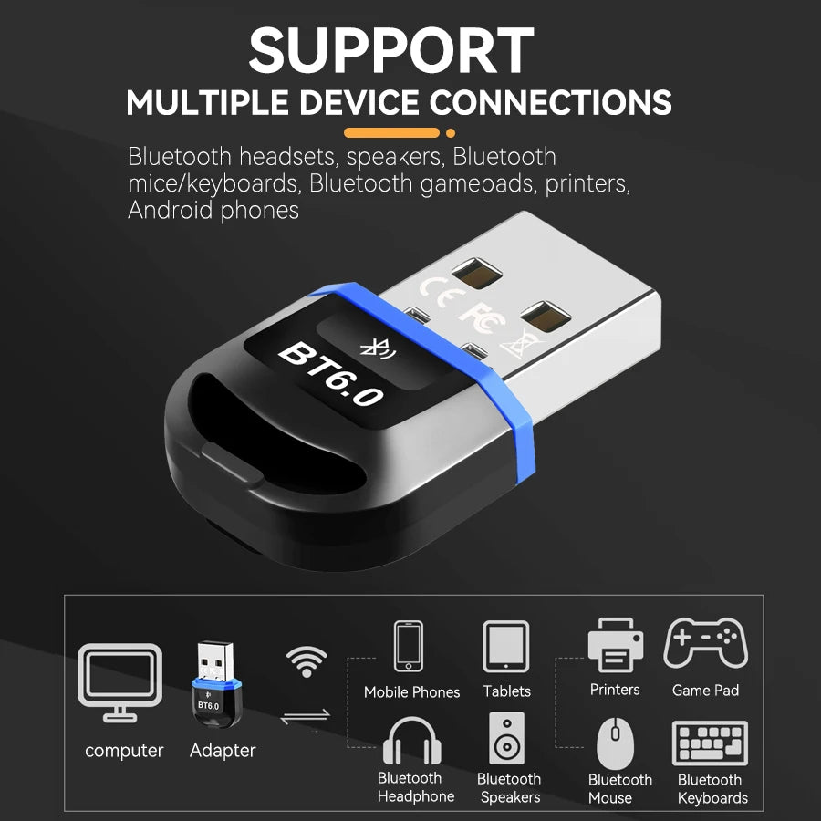USB Bluetooth 6.0 Adapter For PC Windows 8.1/10/11 USB Bluetooth Transmitter For Wireless Keyboard/Mouse/Headphones/Printers Oasis Select