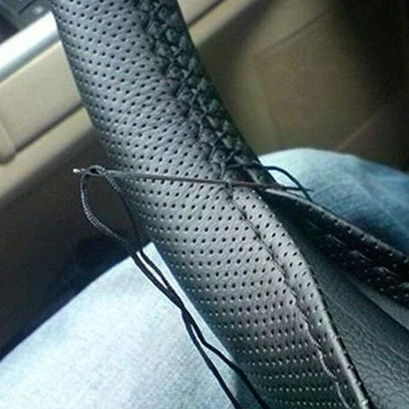 New Car Truck Leather Steering Wheel Cover With Needles and Thread Black DIY Oasis Select