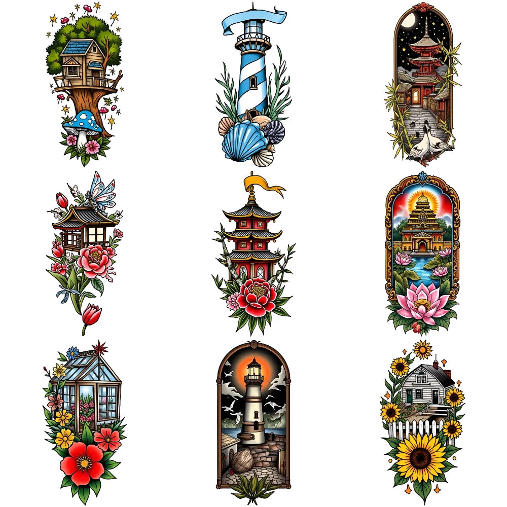 9-Pack Temporary Tattoo Stickers – Lighthouse, Flowers & Church Temporary Tattoo Stickers Oasis Select 1A-9X6cm