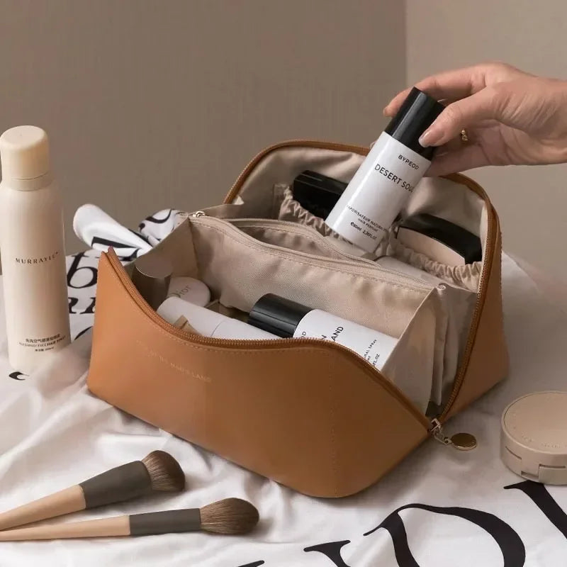 Cosmetic Bag PU Leather Large-capacity Travel Cosmetics Storage Bags Women Portable Handbag Multifunction Waterproof Washing Bag Oasis Select style 1 bag brown