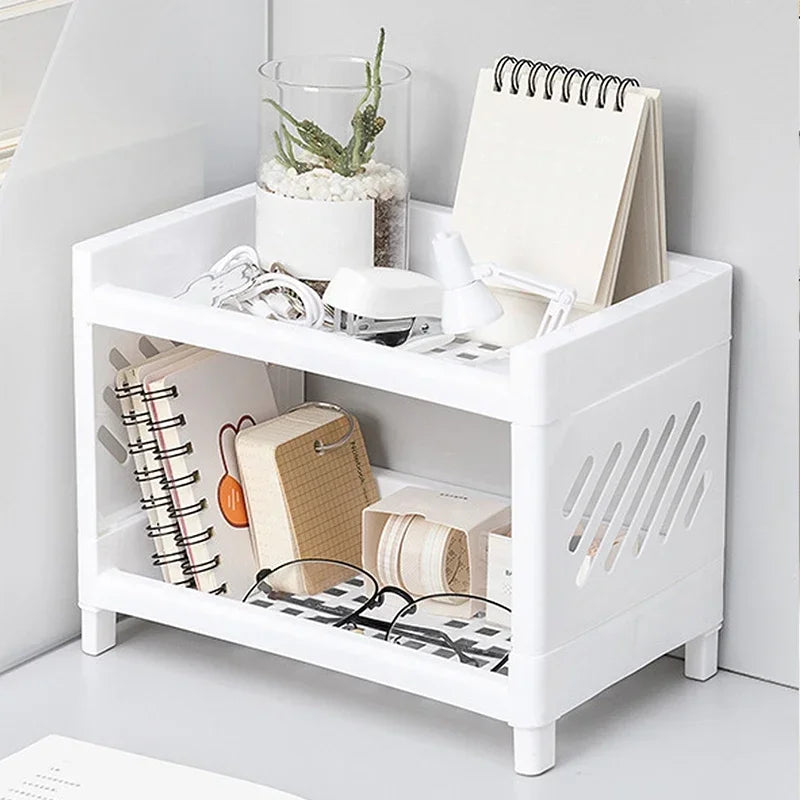 PP Desktop Double Layer Storage Rack Rectangular White Organizing Student Desk Office Cosmetics Stationery Shelf Oasis Select