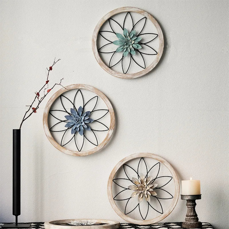 American Countryside Living Room Entrance Retro Wall Decoration Wall Hanging Circular Wooden Frame Oasis Select 3pc 30x30cm