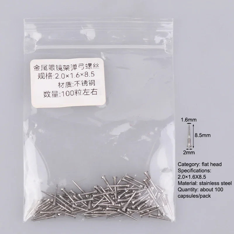 100Pcs Glasses Spring Hinge Screws Optical Eyewear Accessories Pointed End Self Aligning Screw Repair Supplies Oasis Select 2.0x1.6x8.5
