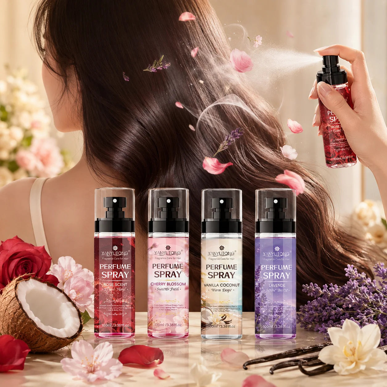 Four scented spray options for hair care, featuring long-lasting fragrance, moisturizing and nourishing properties, and a silky, Oasis Select