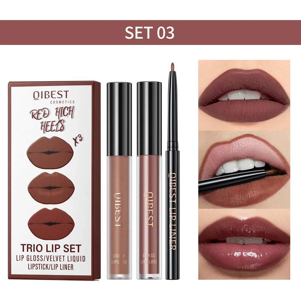 QIBEST 3-in-1 Matte Lipstick, Lip Liner & Gloss Set