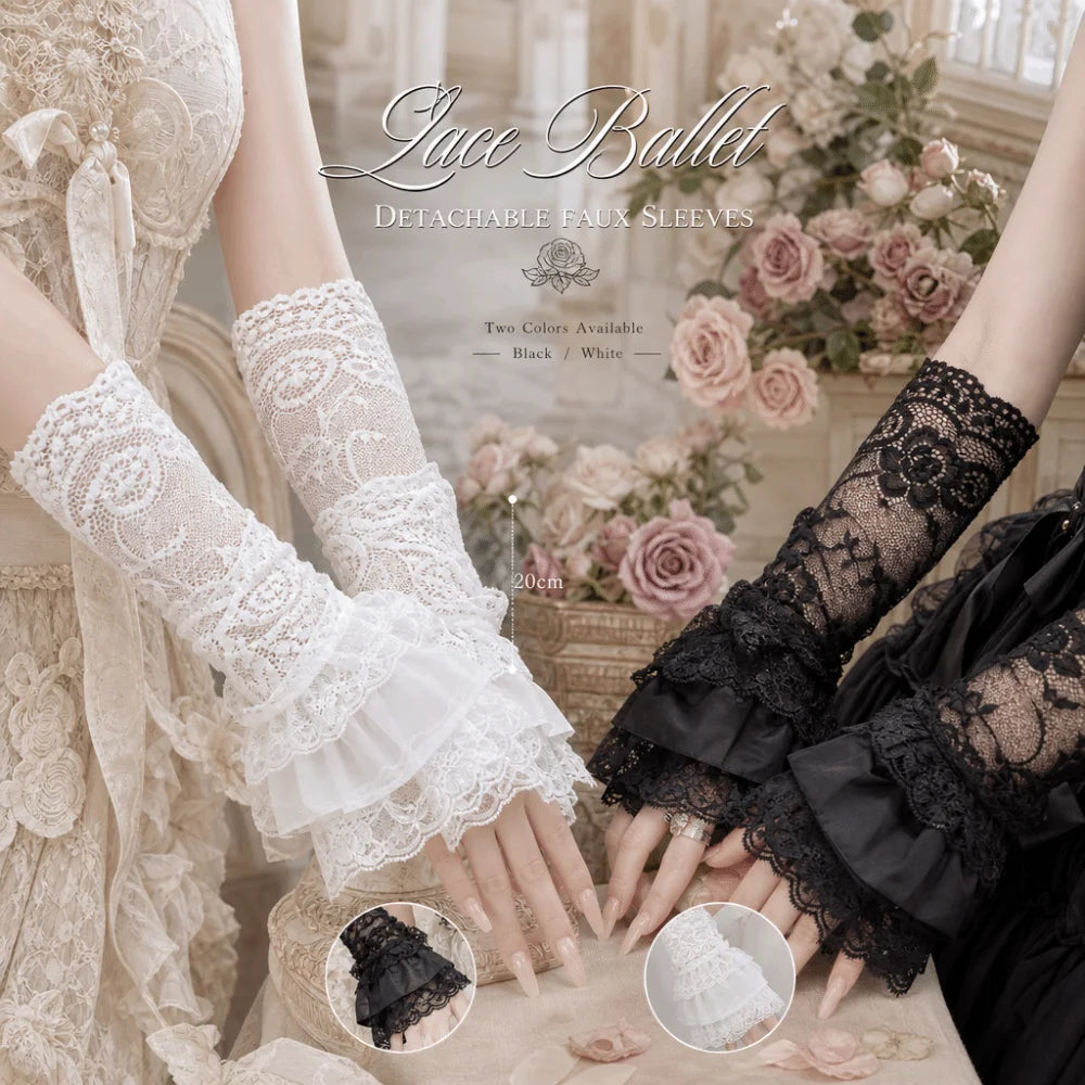 Ruched Pleated Detachable Cuffs 3 Layers Lolita Fake Flared Sleeves Fingerless Gloves Ballet Style Lace Fake Sleeves Cuff Oasis Select