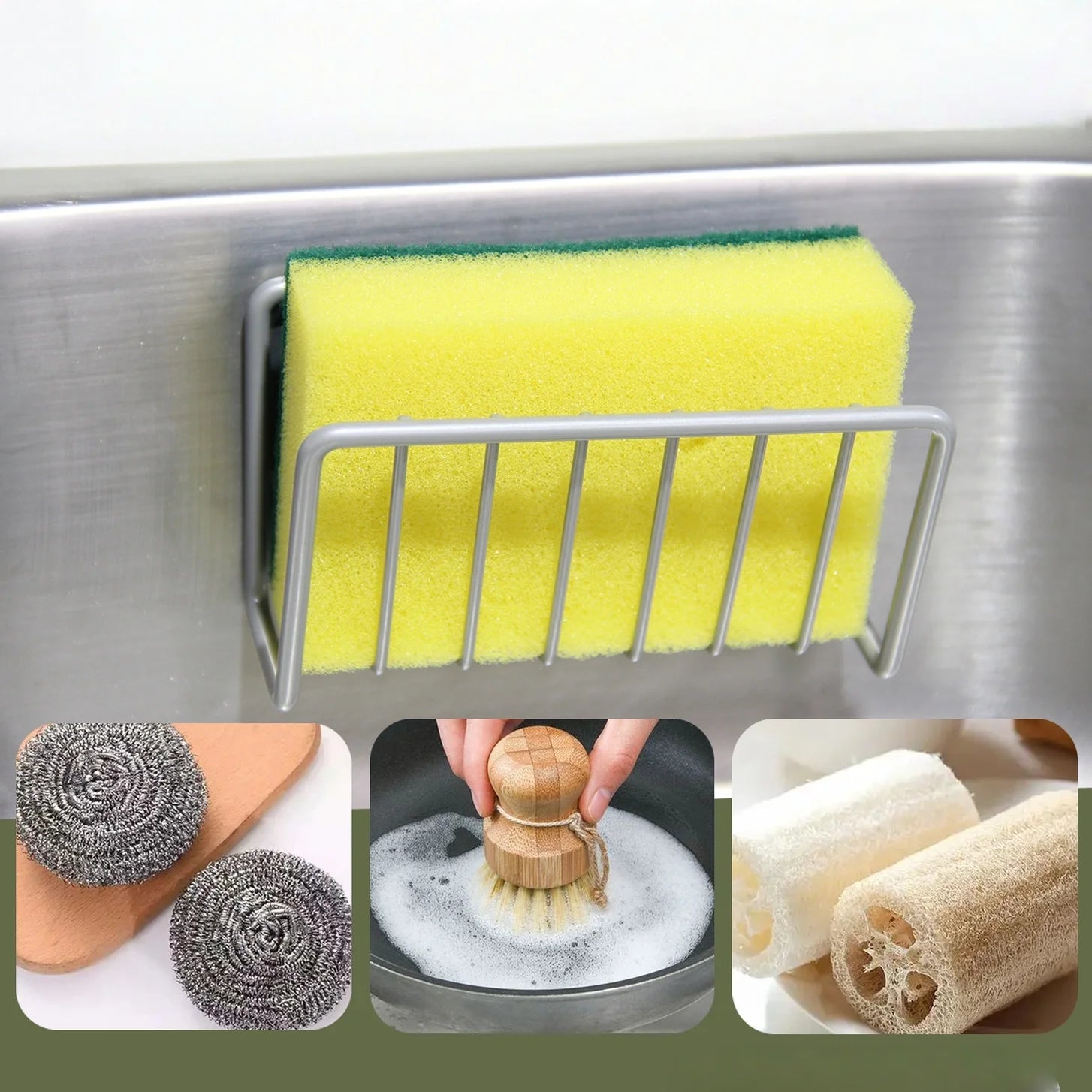 Sink Sponge Holder Rack – Wall Mount Steel Kitchen Organizer