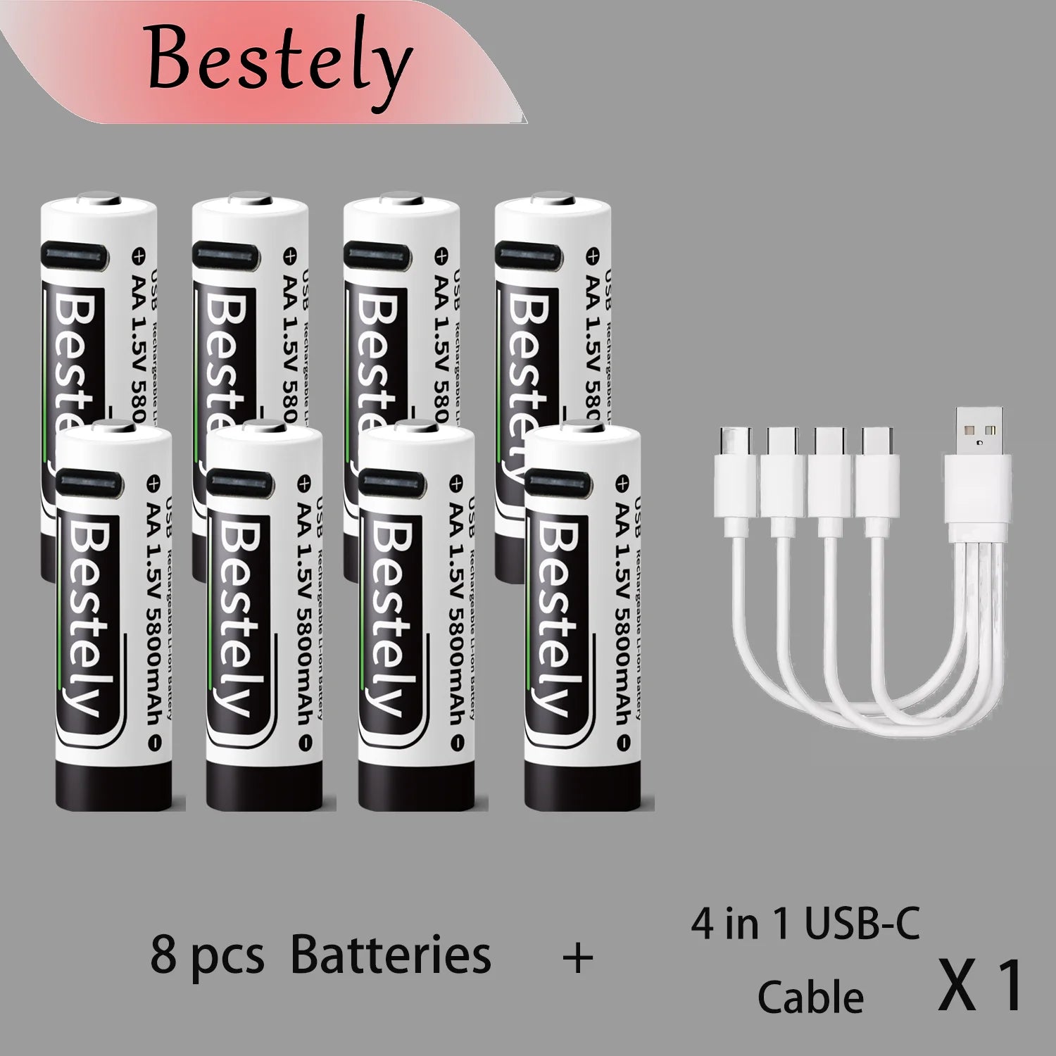 Bestely USB 1.5V AA 5800mAh Lithium ion Rechargeable Battery, AA Fast Charging Li-ion Akku , 2000 Cycle with USB- C Port Cables Oasis Select 8 pcs batteries